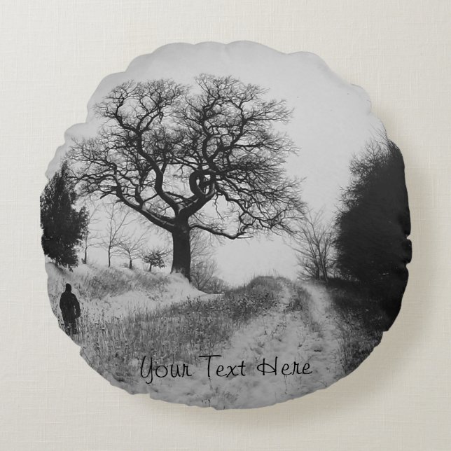 snow covered country lane scenic monochrome round pillow (Front)