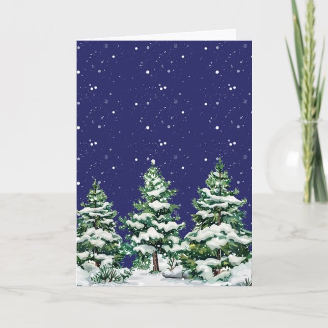 Snow Covered Evergreen Trees with Snow Falling Card (Front)