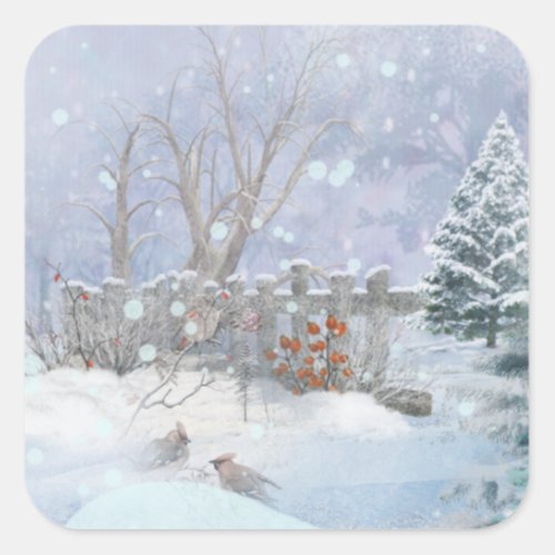Snow Covered Fence Little Birds and Trees  Square Sticker