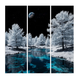 Snow-Covered Forest and Tranquil Lake Under Sky Triptych