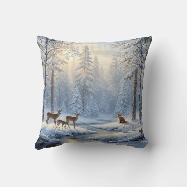 Snow Covered Forest with Woodland Wildlife Throw Pillow (Back)