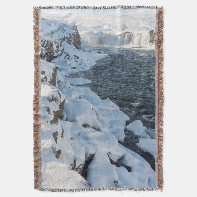 Snow Covered Godafoss Waterfall Throw Blanket (Front Vertical)