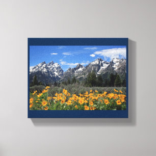 Snow Covered Grand Teton Range with Yellow Flowers Canvas Print