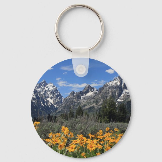 Snow Covered Grand Teton Range with Yellow Flowers Keychain (Front)