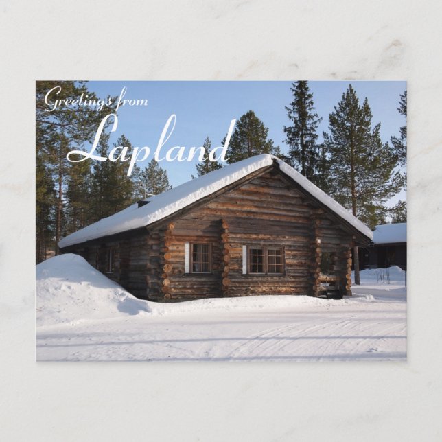 Snow-covered log cabin in Lapland text postcard (Front)