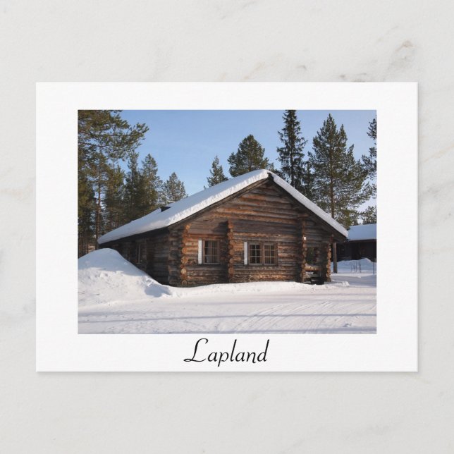 Snow-covered log cabin in Lapland text postcard (Front)