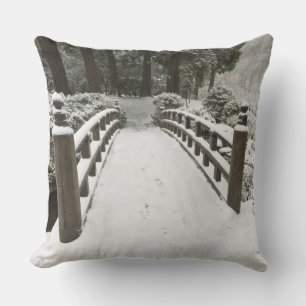 Snow-covered moon bridge, Japanese Garden Throw Pillow