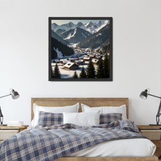 snow-covered mountains and evergreen forests framed art