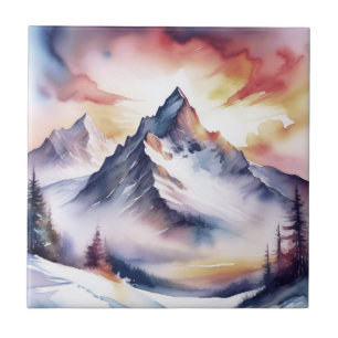 Snow covered mountains and red sky watercolor ceramic tile