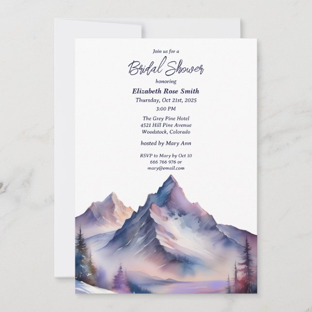 Snow covered mountains landscape bridal shower invitation (Front)