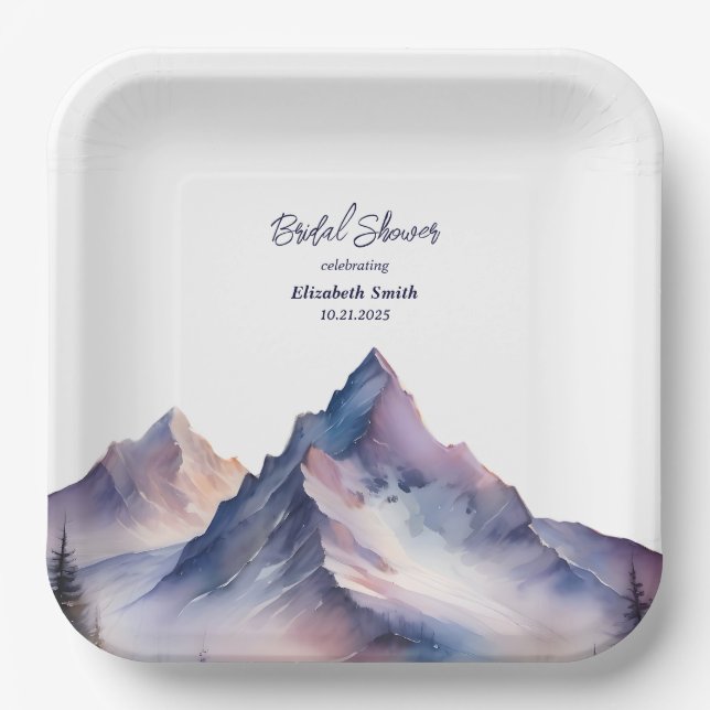 Snow covered mountains landscape bridal shower paper plates (Front)