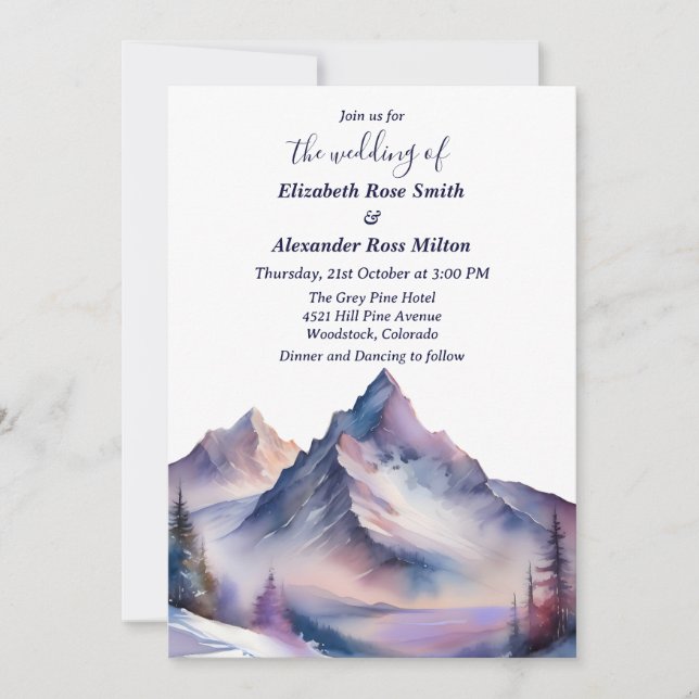 Snow covered mountains landscape wedding invitation (Front)