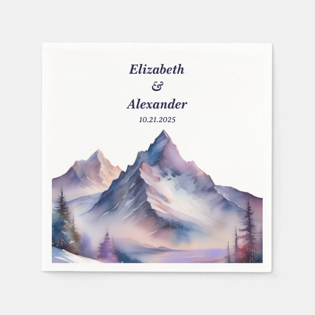 Snow covered mountains landscape wedding napkins (Front)