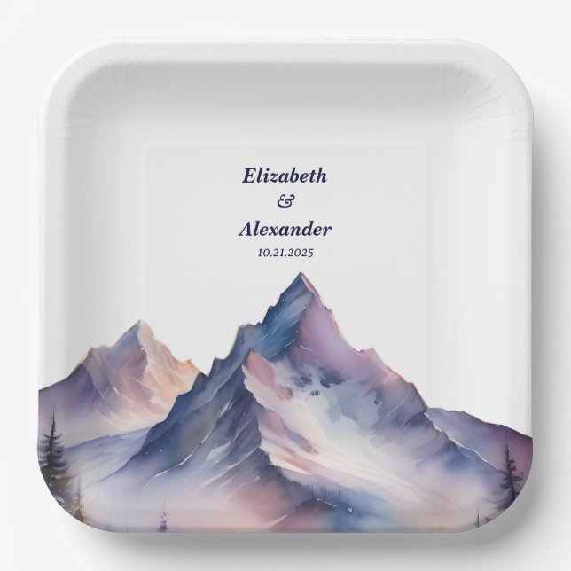 Snow covered mountains landscape wedding paper plates (Front)