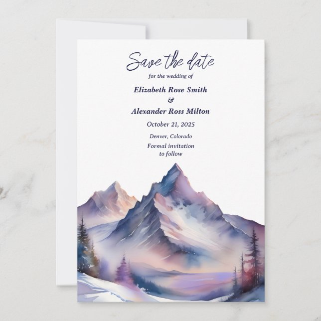 Snow covered mountains landscape wedding save the date (Front)