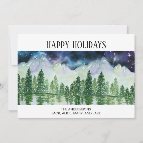 Snow Covered Mountains Pine Trees Lake Night Time Holiday Card