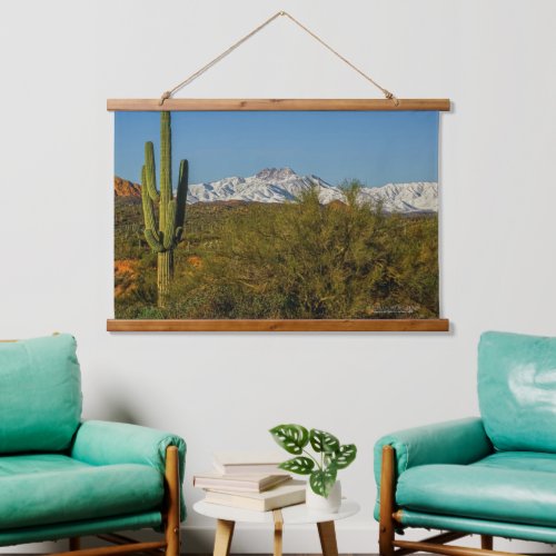 Snow Covered Mountains Saguaro Cactus Arizona USA Hanging Tapestry