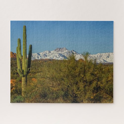 Snow Covered Mountains Saguaro Cactus Arizona USA Jigsaw Puzzle