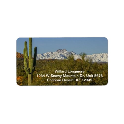 Snow Covered Mountains Saguaro Cactus Arizona USA Label