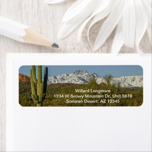 Snow Covered Mountains Saguaro Cactus Arizona USA Label