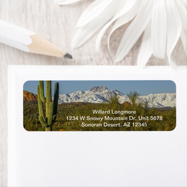 Snow Covered Mountains Saguaro Cactus Arizona USA Label (Insitu)
