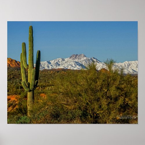 Snow Covered Mountains Saguaro Cactus Arizona USA Poster