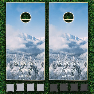 Snow Covered Mountains Trees Winter Family Name   Cornhole Set