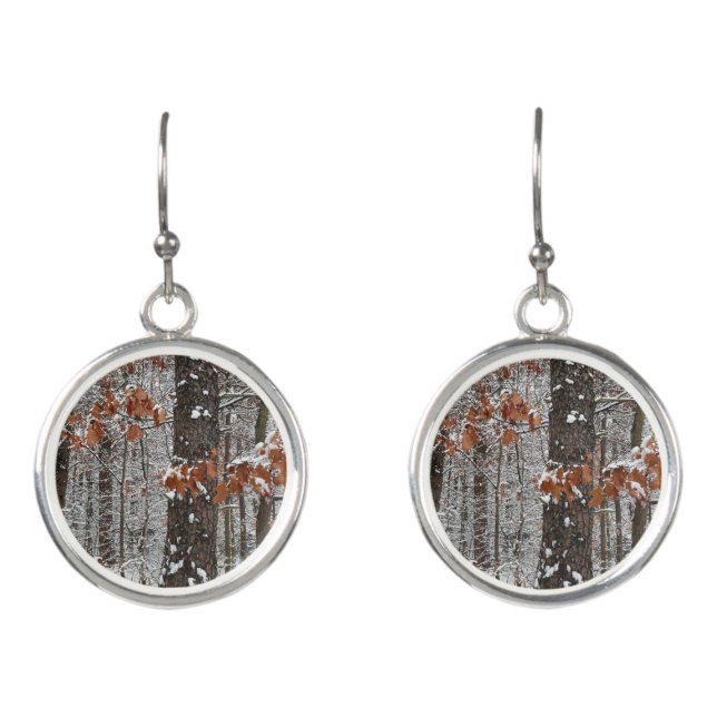 Snow Covered Oak Trees Winter Nature Photography Earrings (Front)