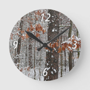 Snow Covered Oak Trees Winter Nature Photography Round Clock