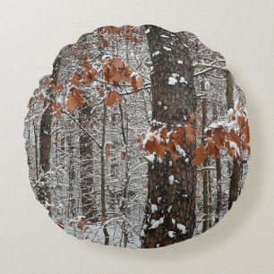 Snow Covered Oak Trees Winter Nature Photography Round Pillow
