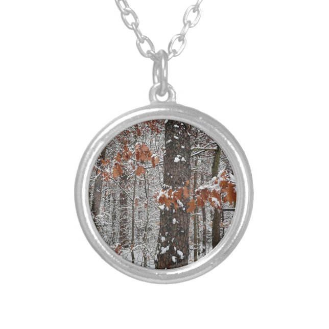 Snow Covered Oak Trees Winter Nature Photography Silver Plated Necklace (Front)