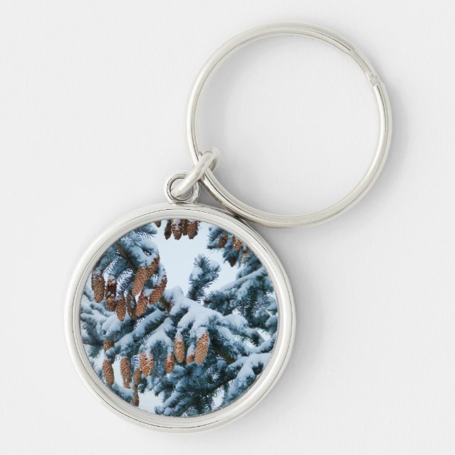 Snow Covered Pine Boughs and Cones Keychain (Front)