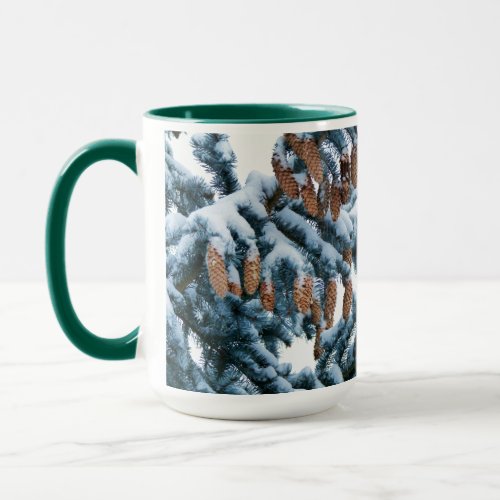 Snow Covered Pine Boughs Needles and Cones Mug