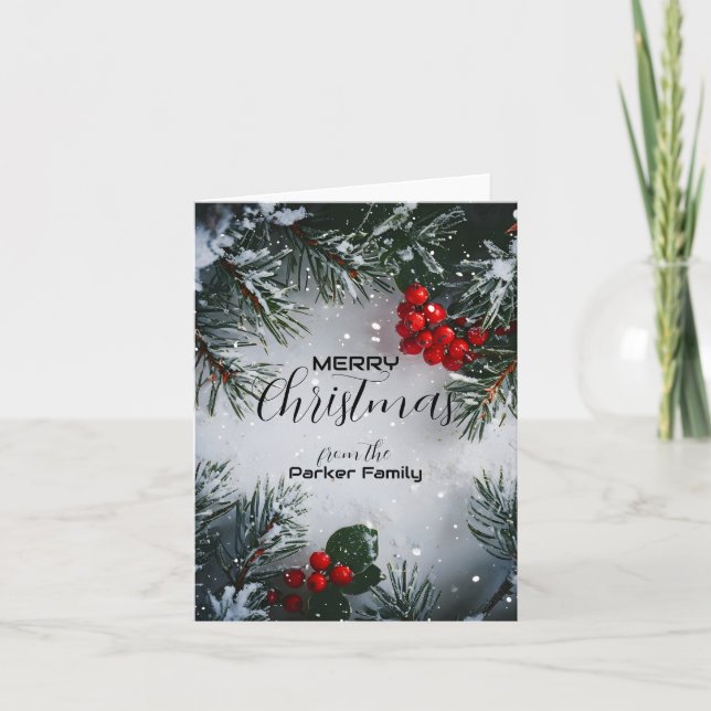 Snow-Covered Pine, Holly Berries, Non Photo Holiday Card (Front)