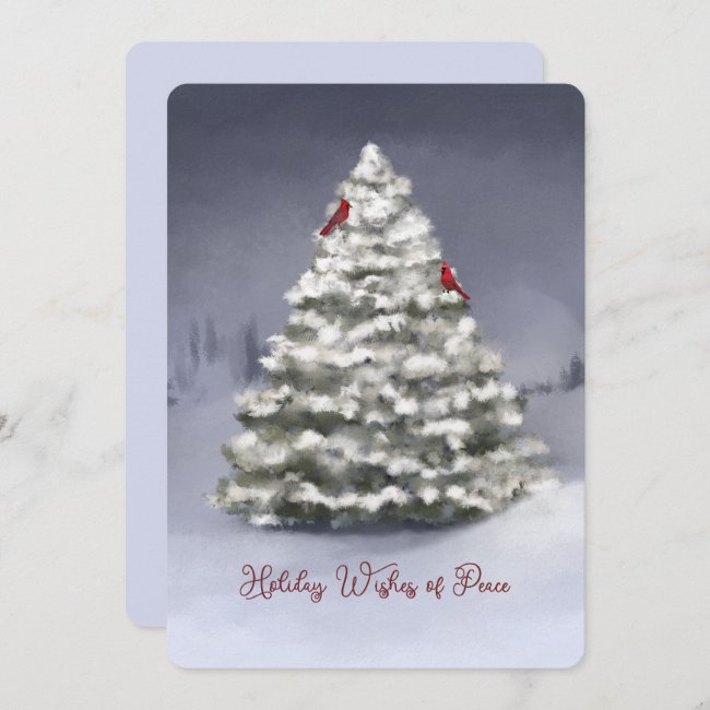 Snow Covered Pine Tree Two Cardinals Christmas