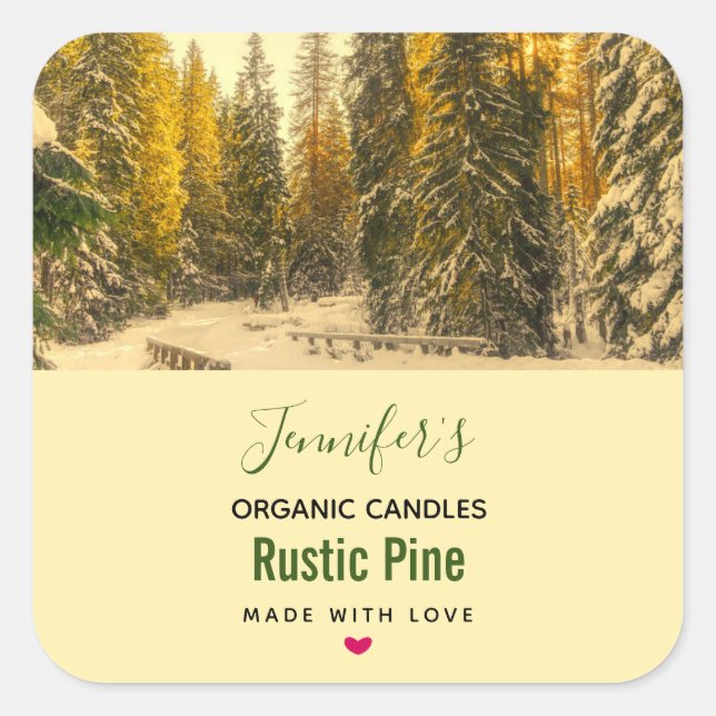 Snow Covered Pine Trees Forest Candle BUsiness Square Sticker (Front)