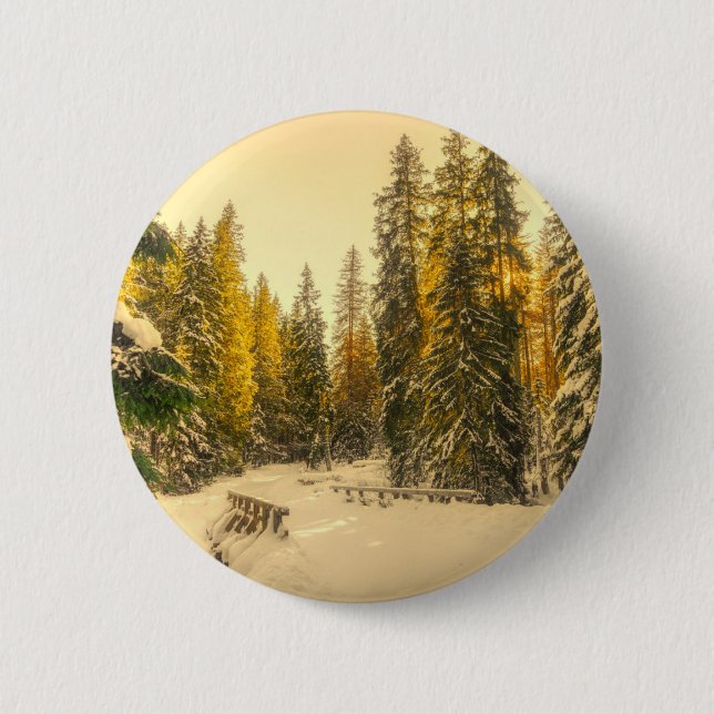 Snow Covered Pine Trees Forest Nature Photo Button (Front)