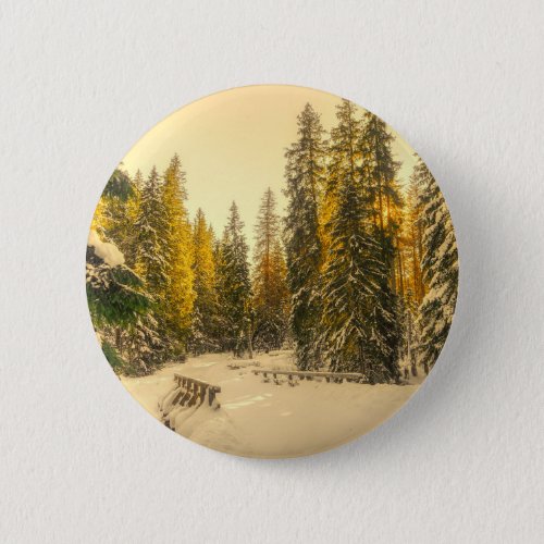 Snow Covered Pine Trees Forest Nature Photo Button