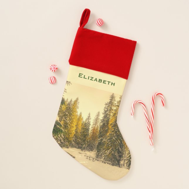 Snow Covered Pine Trees Forest Nature Photo Christmas Stocking (Front)