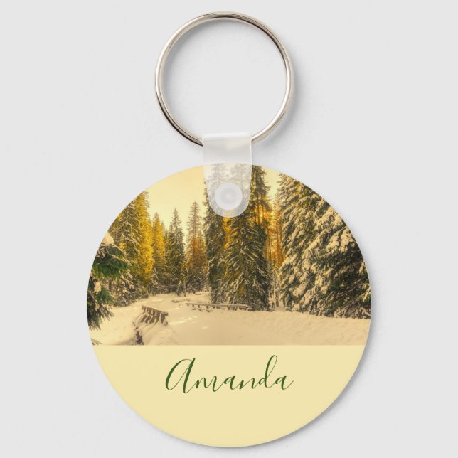 Snow Covered Pine Trees Forest Nature Photo Keychain (Front)