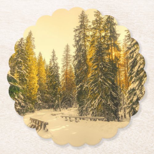 Snow Covered Pine Trees Forest Nature Photo Paper Coaster
