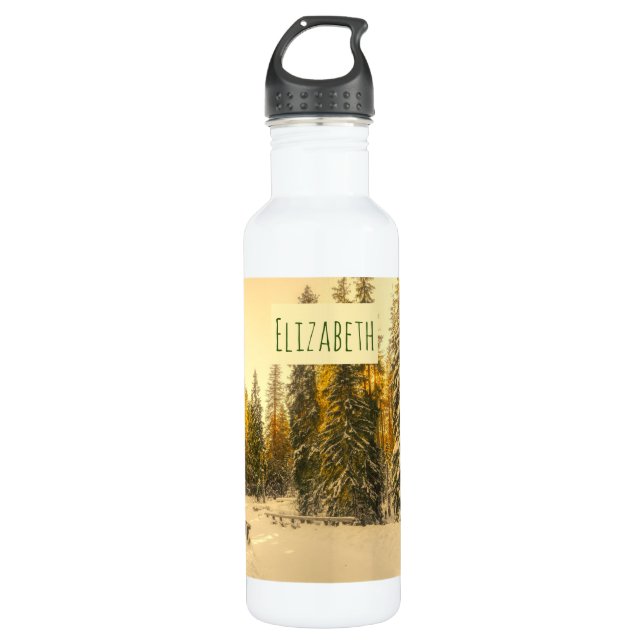 Snow Covered Pine Trees Forest Nature Photo Stainless Steel Water Bottle (Front)