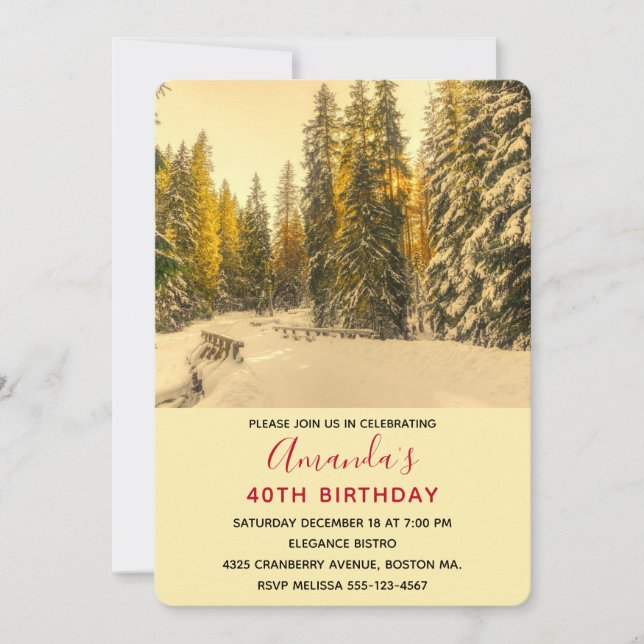 Snow Covered Pine Trees Forest Photo Birthday Invitation (Front)