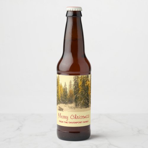 Snow Covered Pine Trees Forest Photo Christmas Beer Bottle Label
