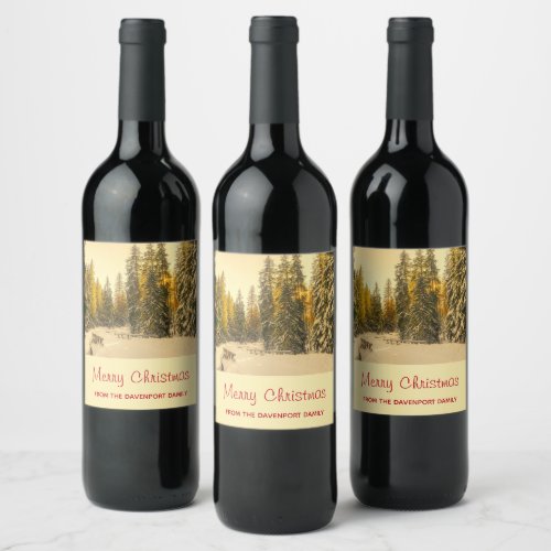 Snow Covered Pine Trees Forest Photo Christmas Wine Label