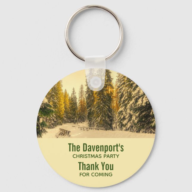 Snow Covered Pine Trees Forest Photo Party Thanks Keychain (Front)