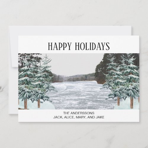 Snow Covered Pine Trees Icy Lake Happy Holidays Holiday Card