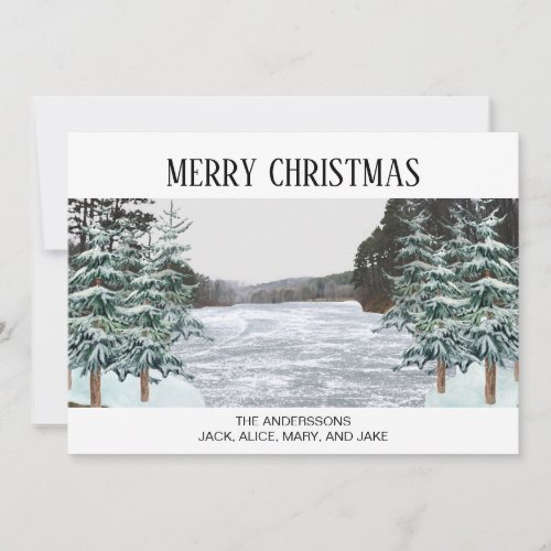 Snow Covered Pine Trees Icy Lake  Holiday Card