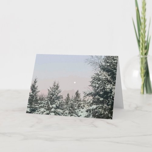 Snow Covered Pine Trees Moon Sunset Card