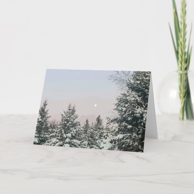 Snow Covered Pine Trees Moon Sunset Card (Front)